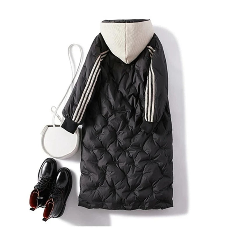 Women's Long Puffer Coat - Hooded Quilted Design - Mid-Calf Length - Down Insulated