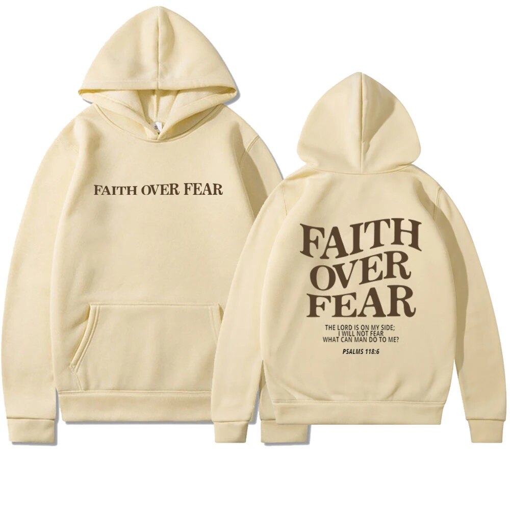 Women's drop shoulder hoodie with 'Faith Over Fear' back print