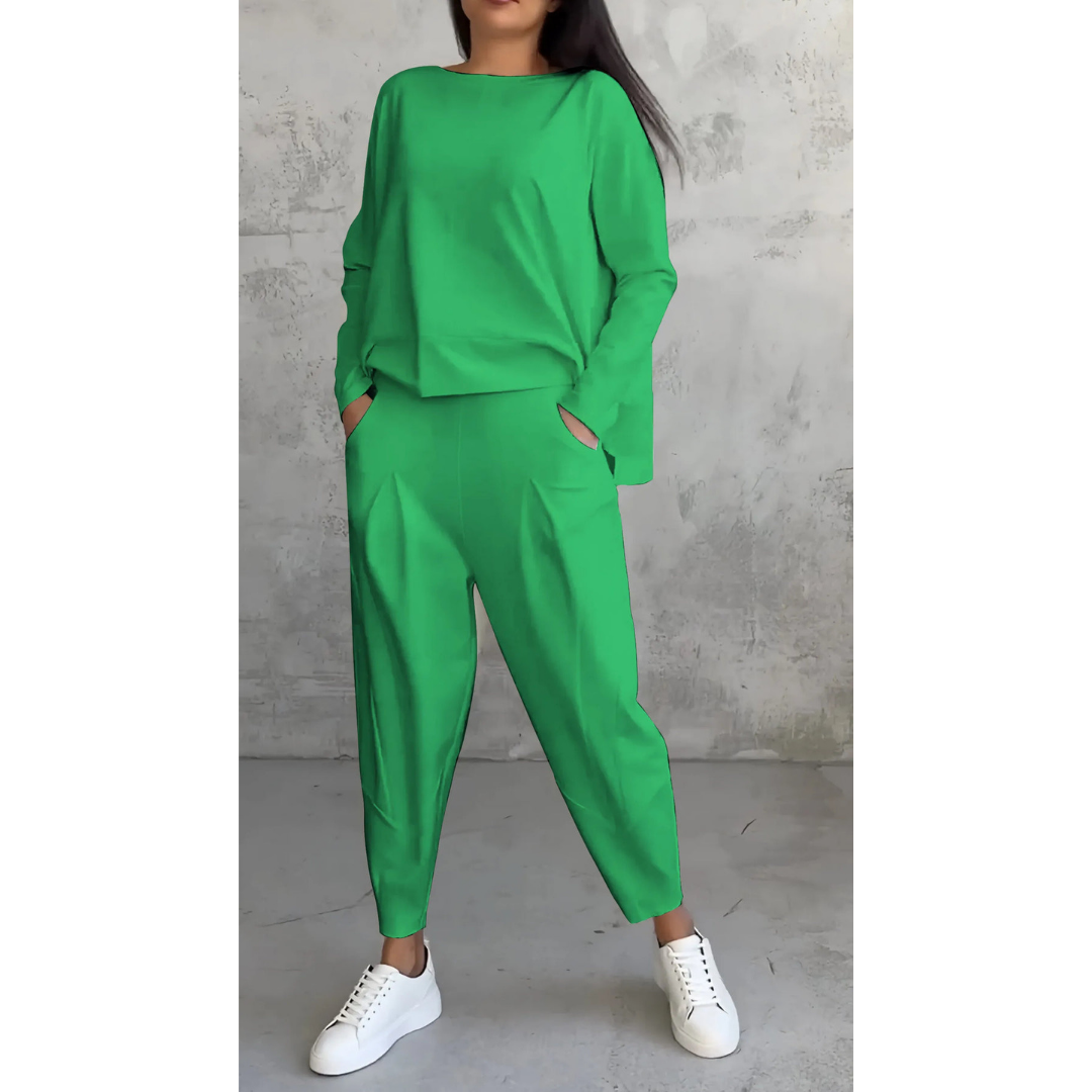 Women’s Lounge Set – Boat Neck Top – Long Sleeve Relaxed Fit – Tapered Pants with Pockets