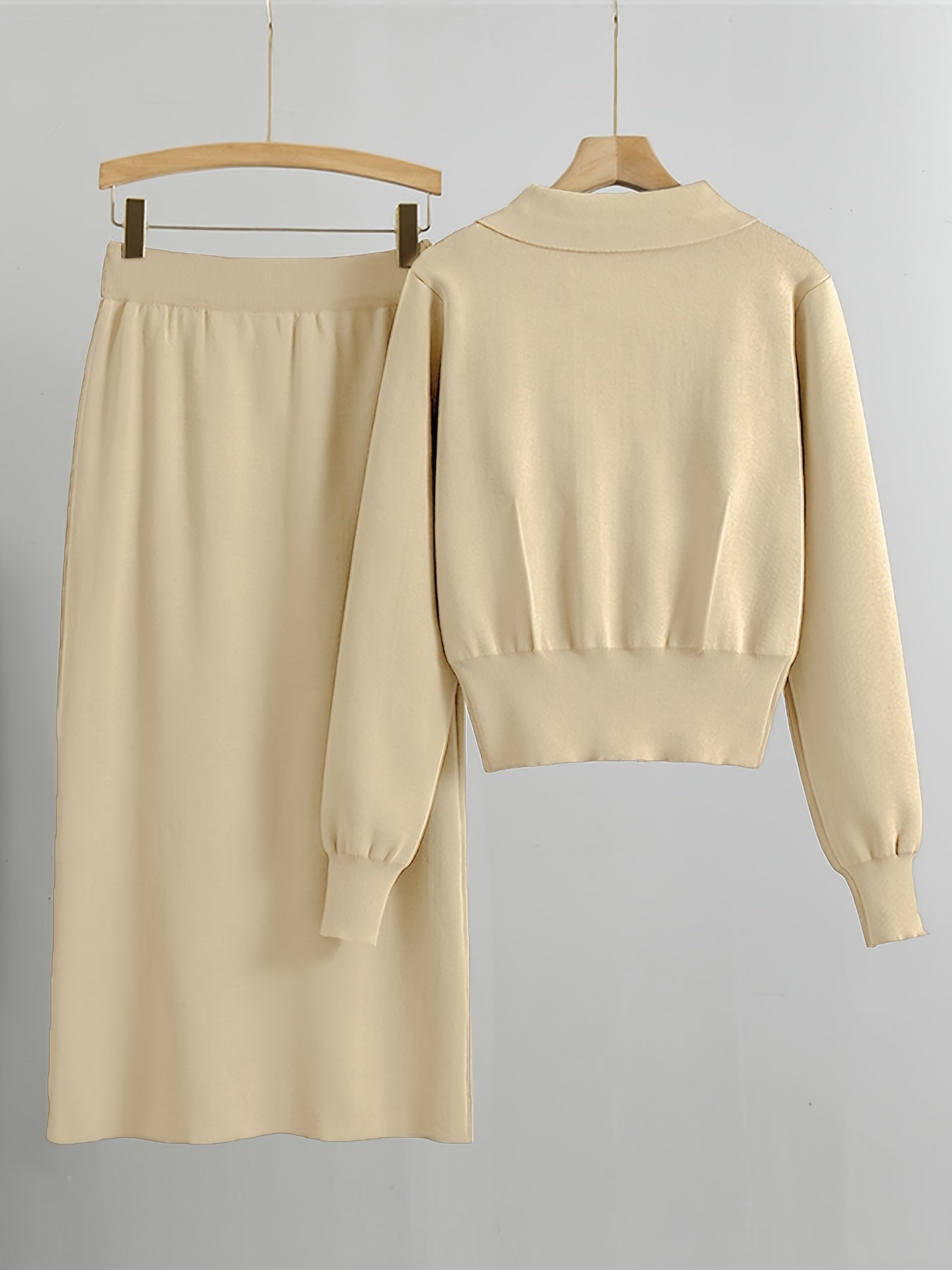 Two-piece collared button-up sweater and skirt set for women