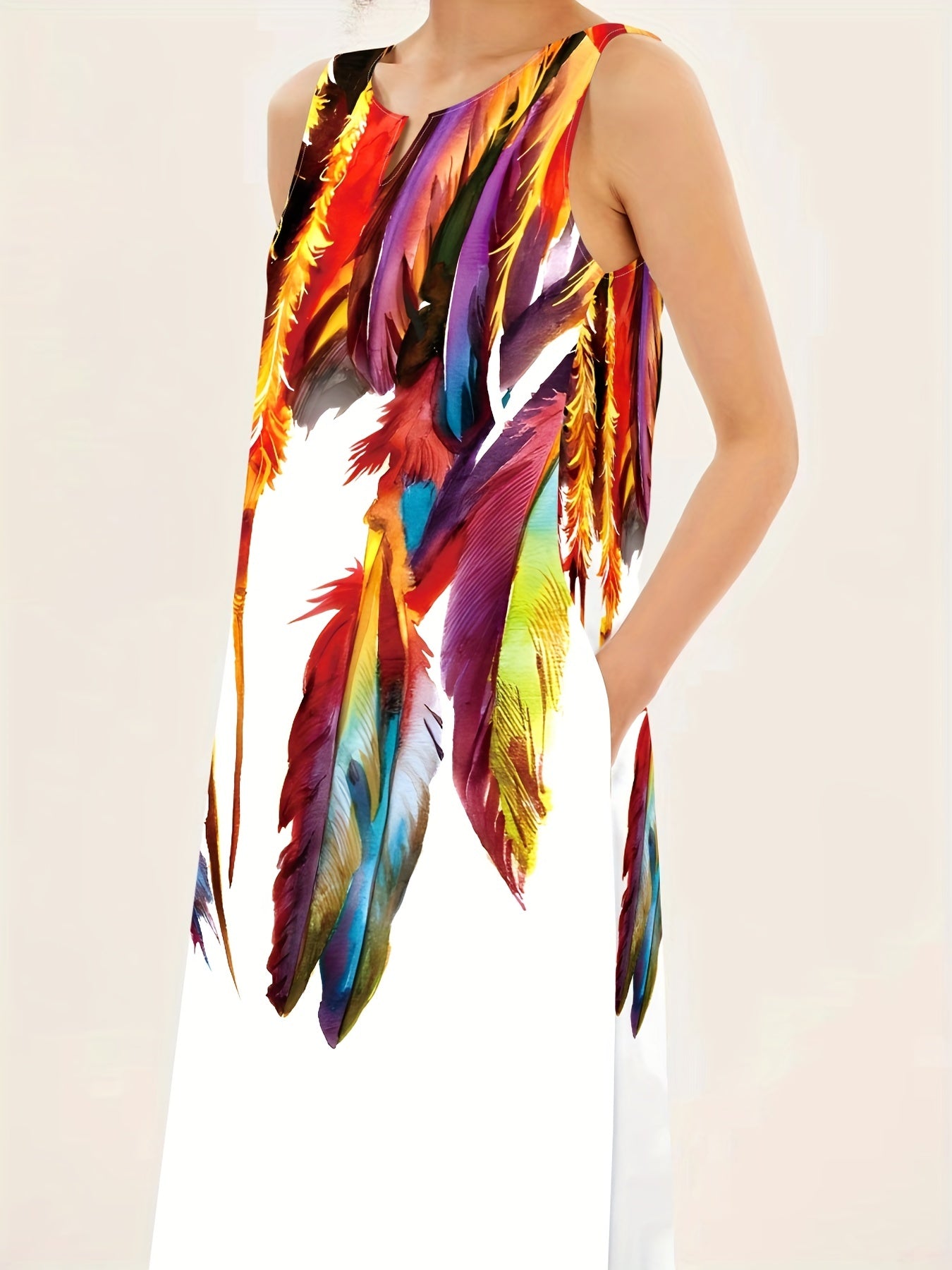 Long printed maxi dress with pockets and v-neck for women