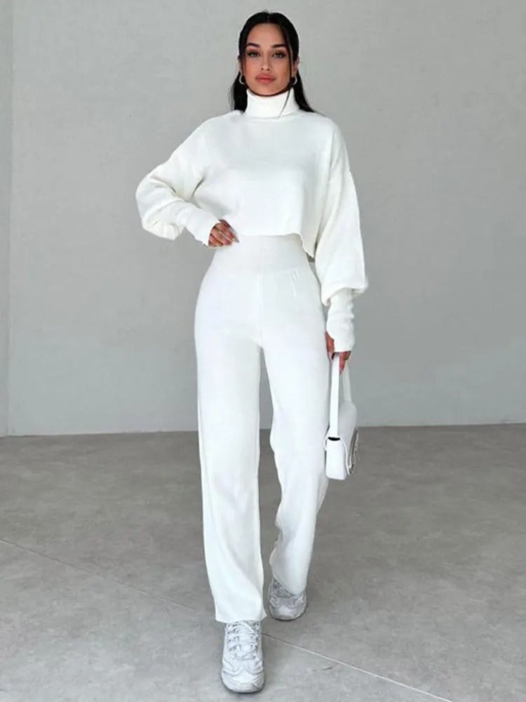 Women's high collar loose long-sleeved tops and pants set