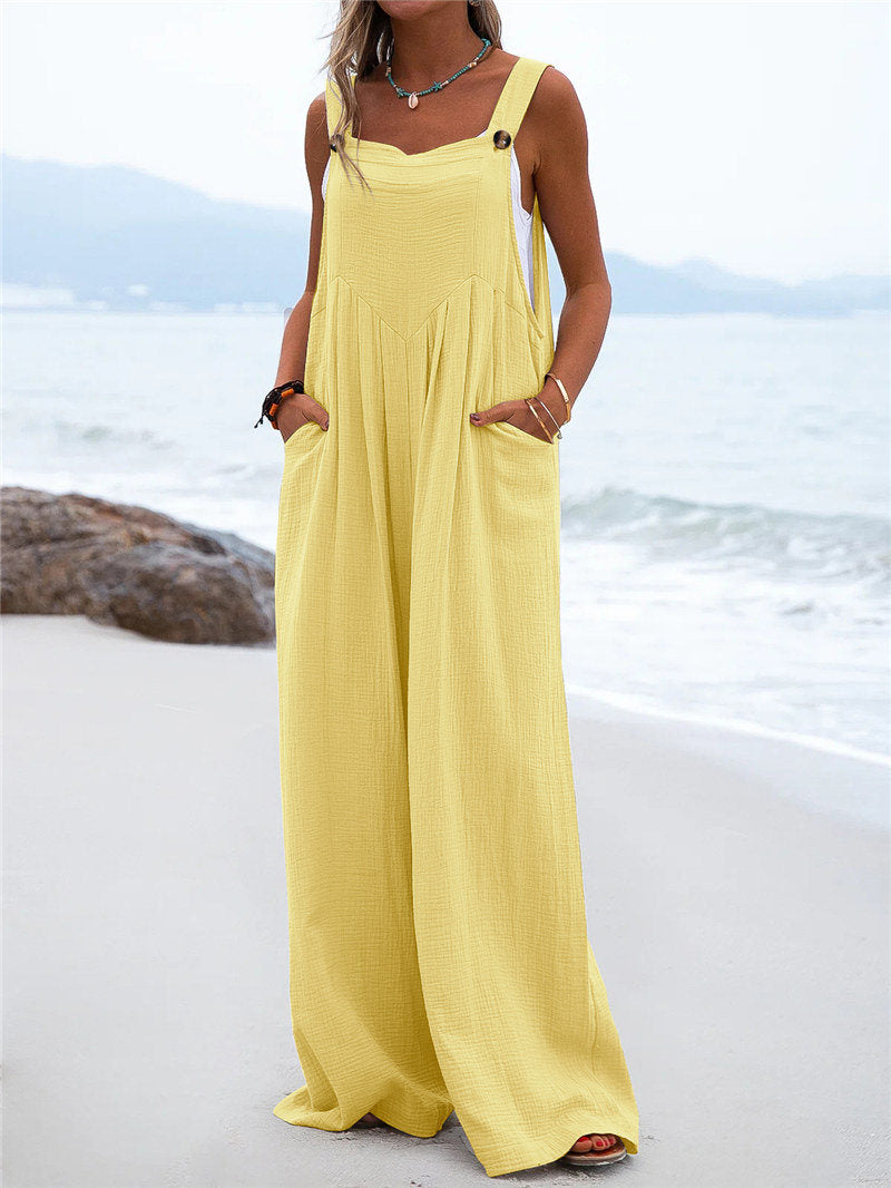 Women's Wide-Leg Jumpsuit - Breathable Fabric - Relaxed Fit - Button Straps & Pockets