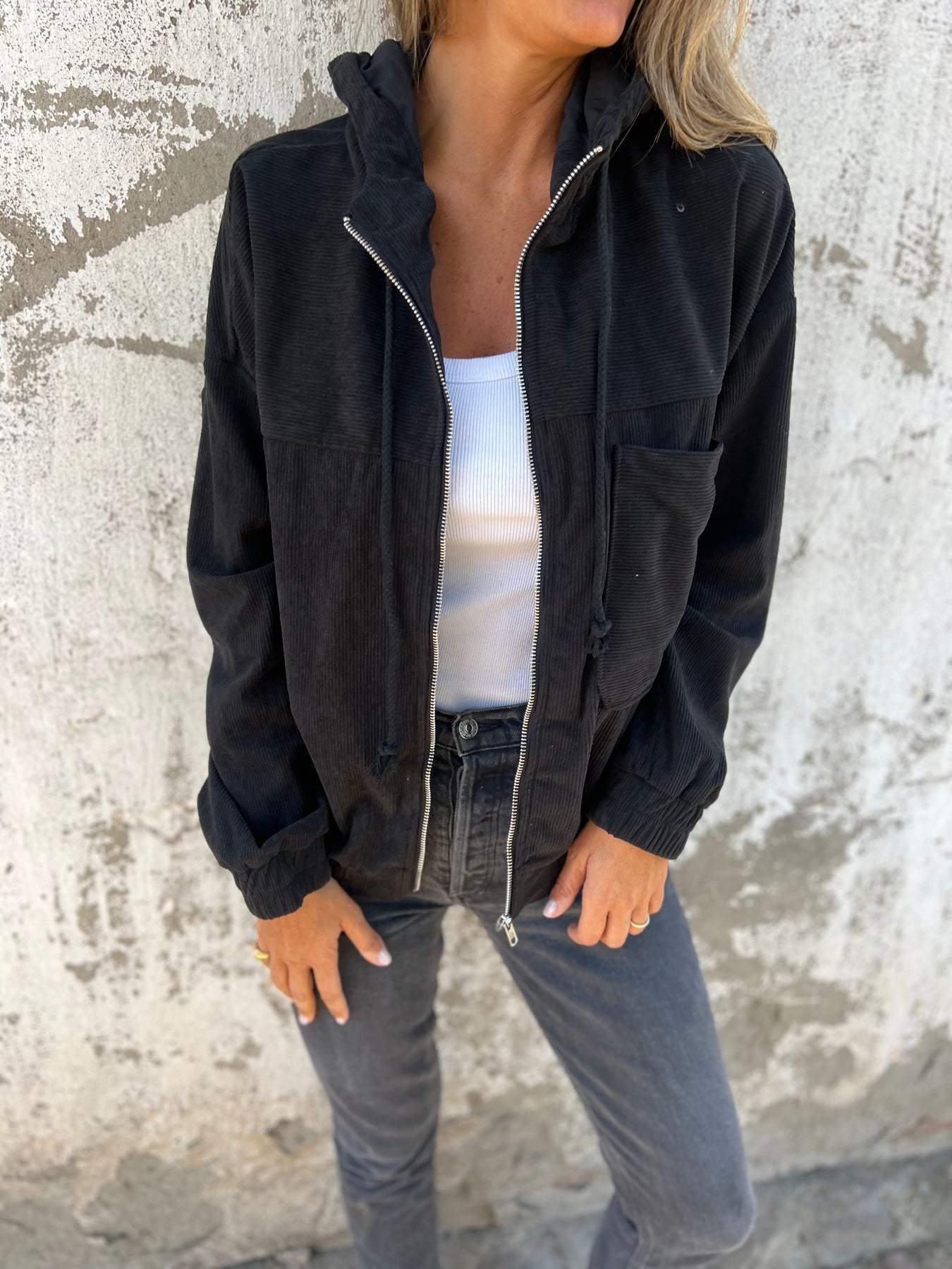Women's Cozy Jacket - Hooded Zip-Up - Adjustable Waist - Casual Wear