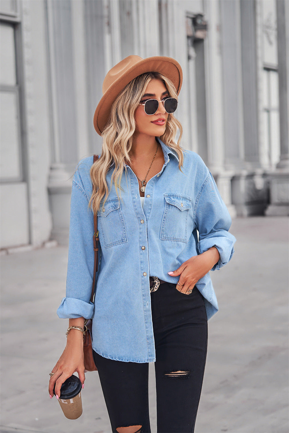 Women's Denim Shirt - Relaxed Fit - Button Down - Long Sleeve - Chest Pockets