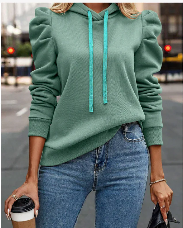 Women’s Hoodie – Relaxed Fit – Puff Sleeves – Ribbed Cuffs – Drawstring Hood