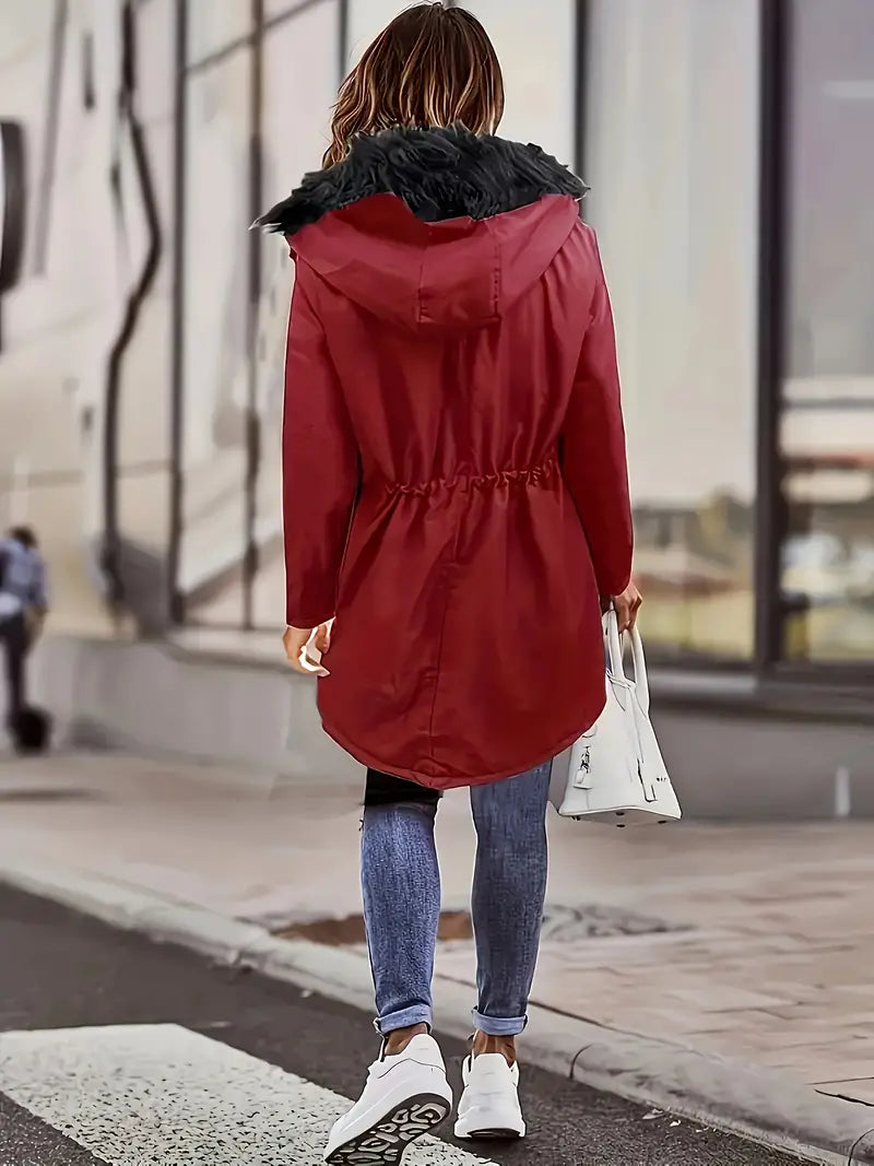 Women's winter hooded fur collar coat with front pockets