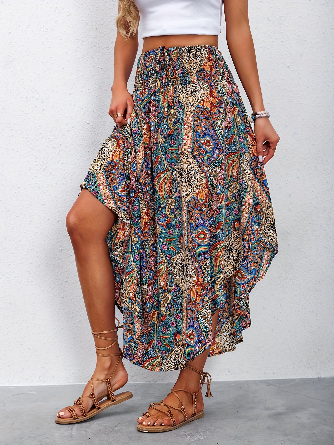 Women's Maxi Skirt - Bohemian Paisley Print - Asymmetrical Flowing Hem - Elastic Waist