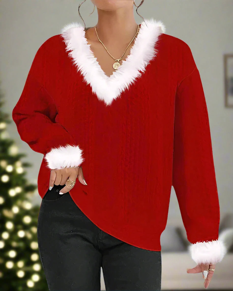 Women's red pullover sweater with fur collar
