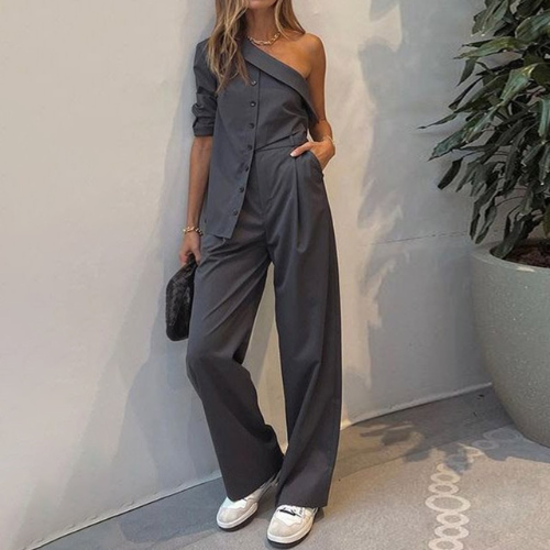 Women's one-shoulder top loose pants two piece set