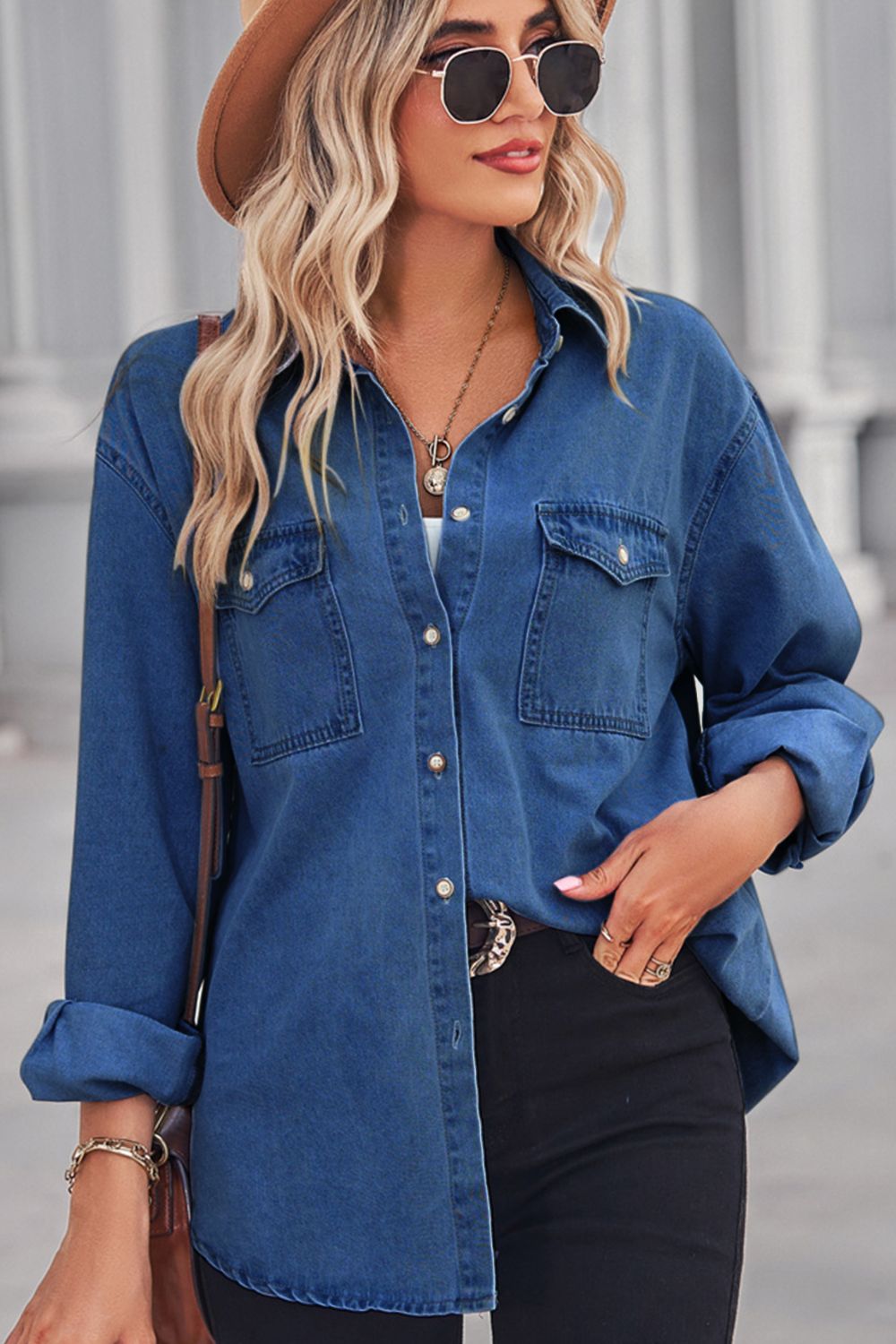 Women's Denim Shirt - Relaxed Fit - Button Down - Long Sleeve - Chest Pockets