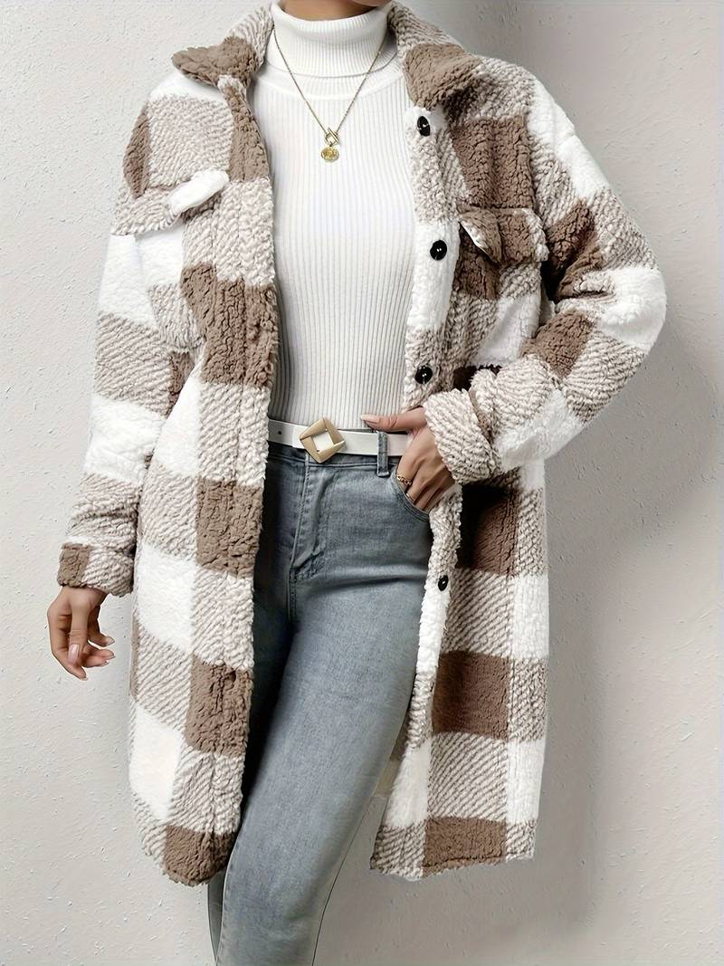 women's long checkered teddy jacket with buttons