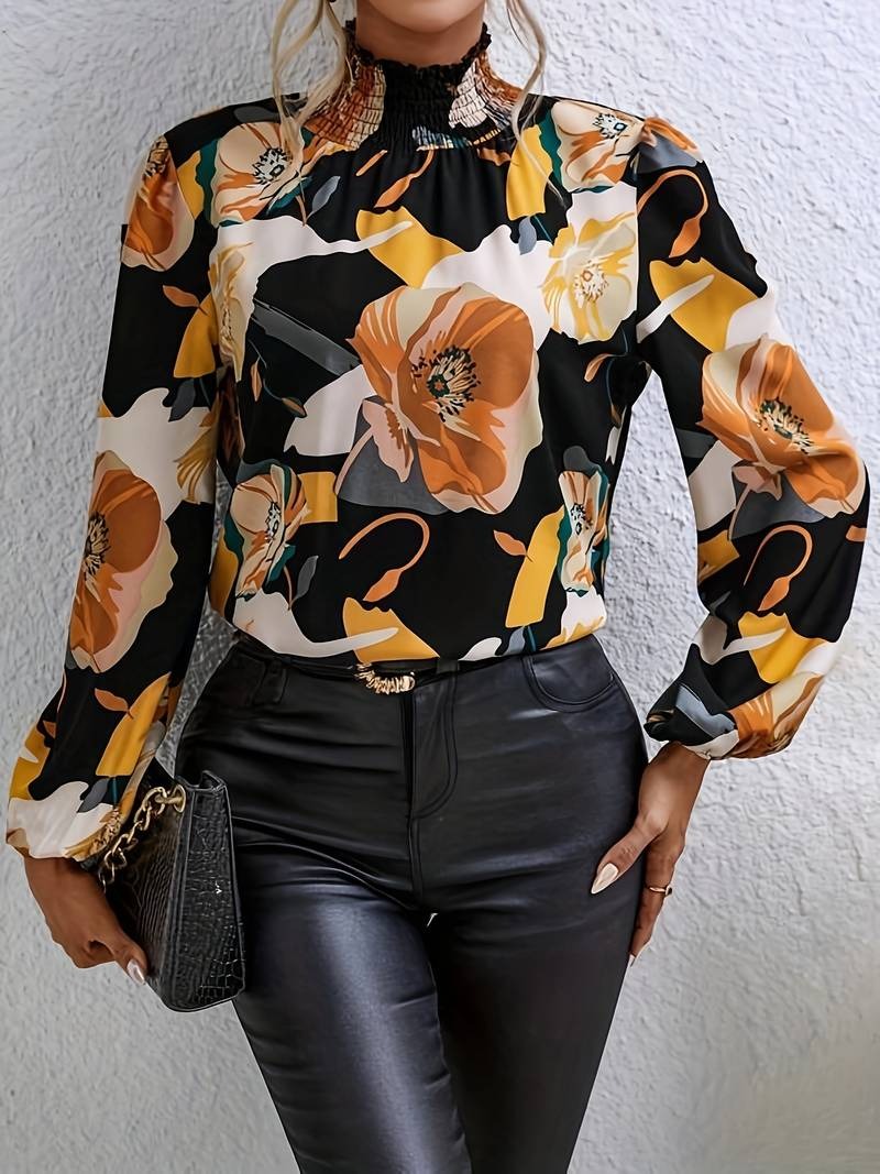 Elegant Floral Flowing Puff Sleeve Blouse