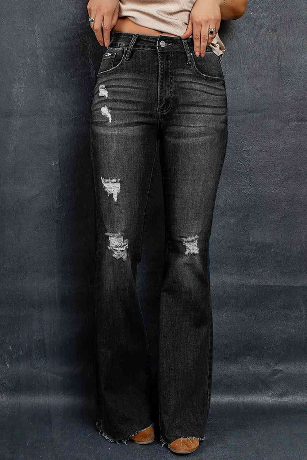Distressed High-Waisted Flared Jeans