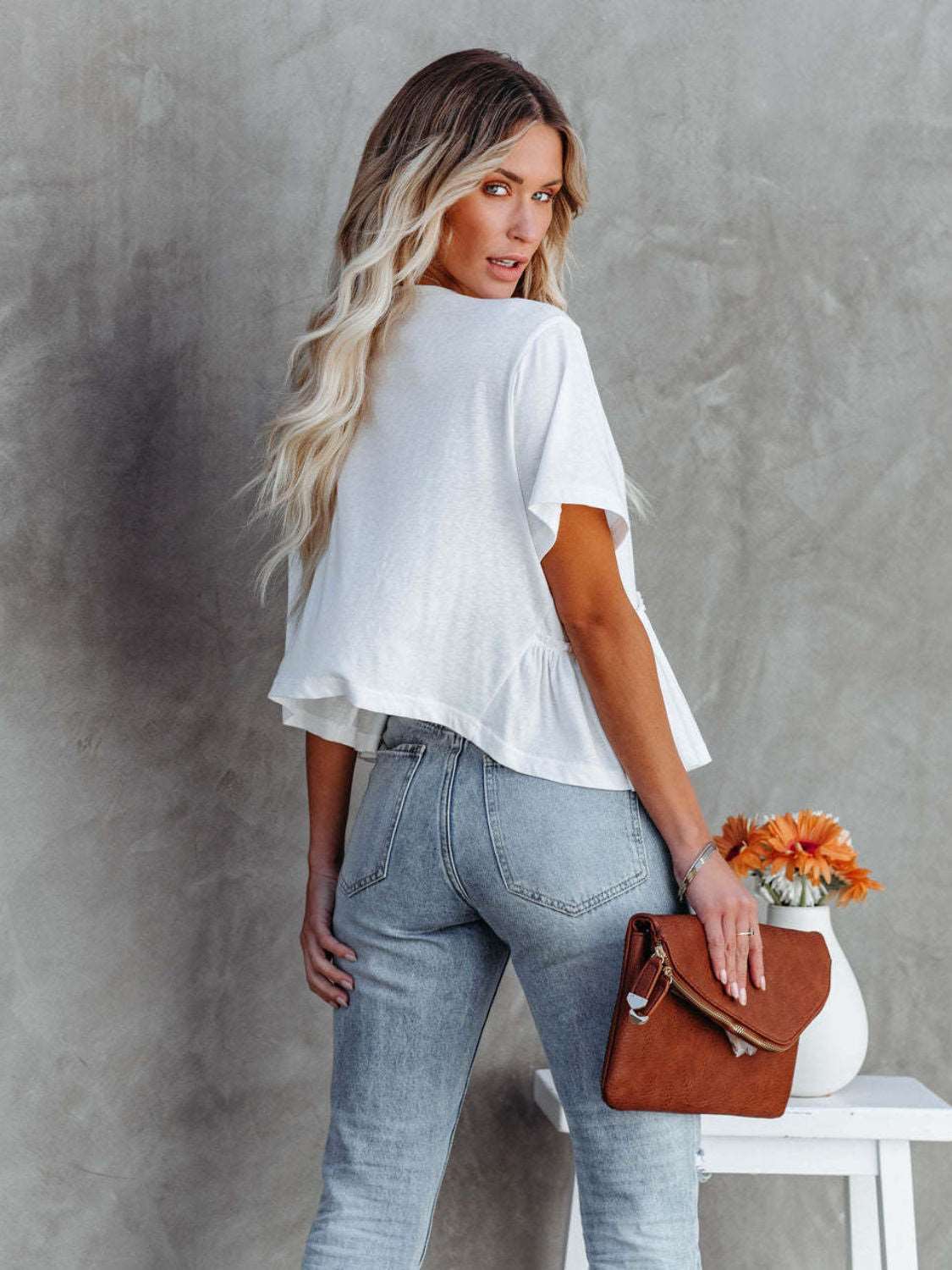 Flowy Tie Front Deep V-Neck Blouse