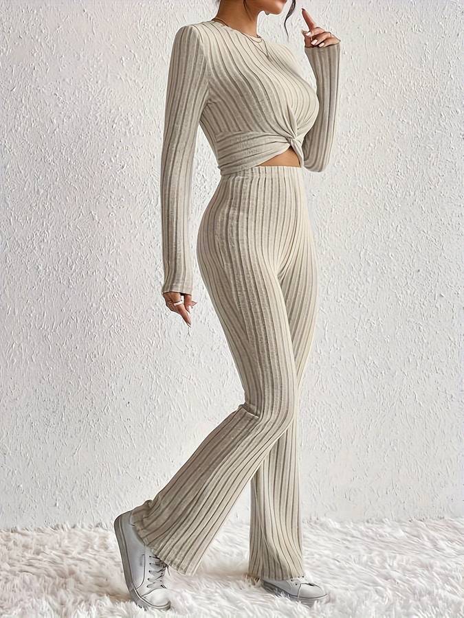 Women’s Knit Set – Ribbed Two-Piece – Long Sleeve Twist Top – High-Waist Flared Pants