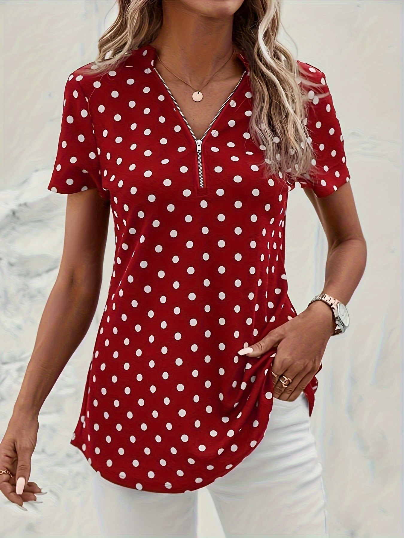 Women's Polka Dot Blouse - V-Neck with Zipper - Short Sleeve - Relaxed Fit