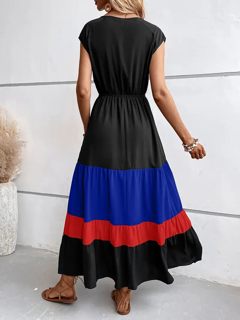 Women's Maxi Dress - V-Neck Short Sleeve - Cinched Waist Flowing Fit - Asymmetrical Hem