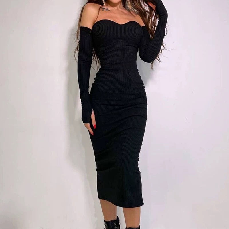 Ribbed Fabric Off-Shoulder Bodycon Midi Dress