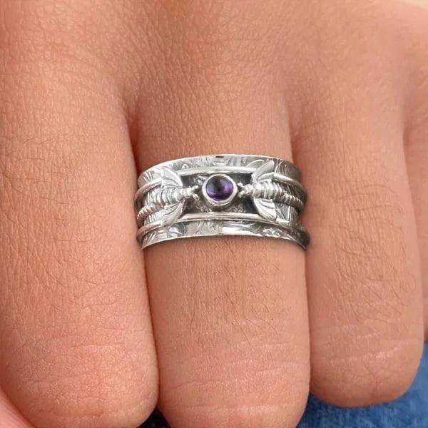 Engraved Nature-Inspired Gemstone Accent Ring