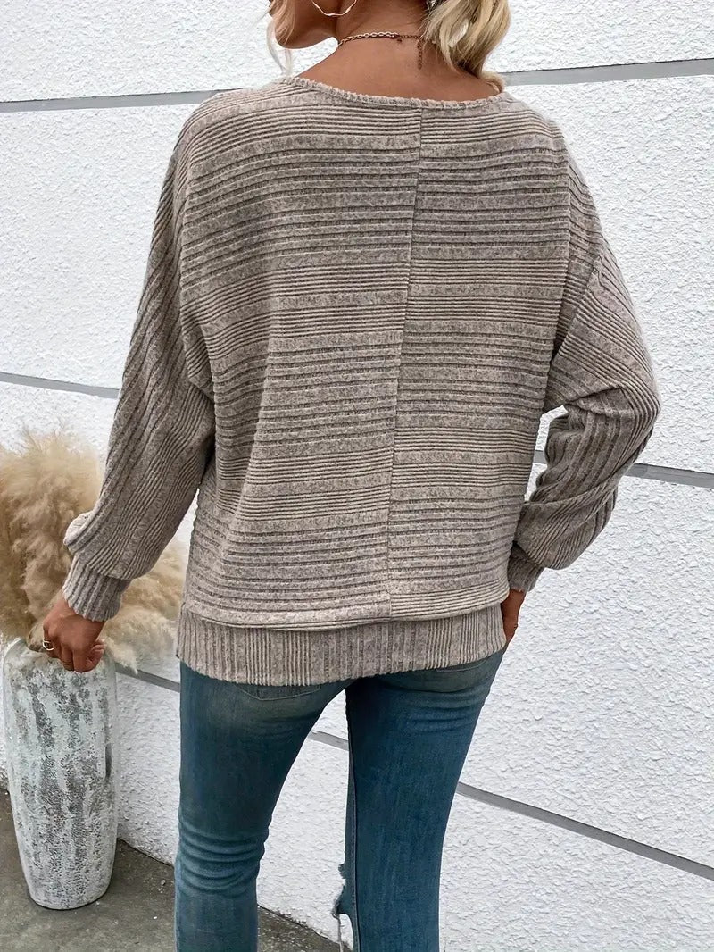 Women’s Knitted Sweater - Relaxed Fit - Drop Shoulder - Ribbed Texture - Bateau Neckline