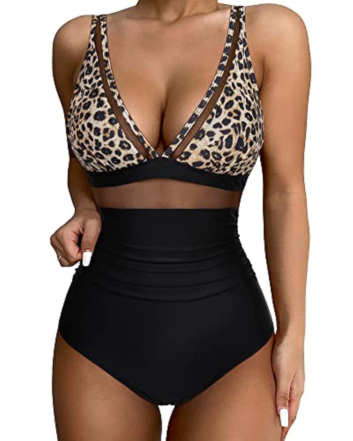 Women’s Swimsuit – Plunging Neckline – Mesh Panels – High-Cut Leg – Stretch Fit