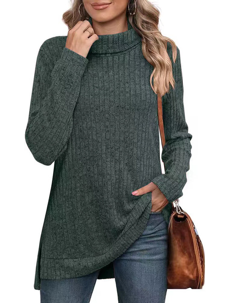 Women’s Turtleneck Sweater – Ribbed Knit – Relaxed Fit – Long Sleeve – Asymmetrical Hem