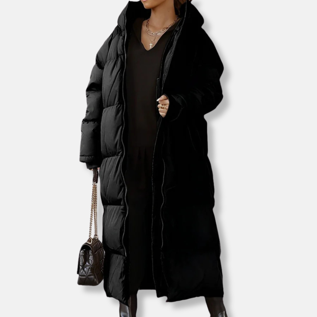 Women’s Long Coat – Oversized Fit – Quilted Padded Hooded Full-Length Outerwear