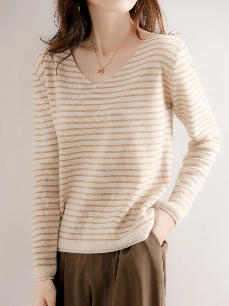 Women's V-Neck Sweater - Soft Knit - Fitted Long Sleeve - Striped Casual Wear