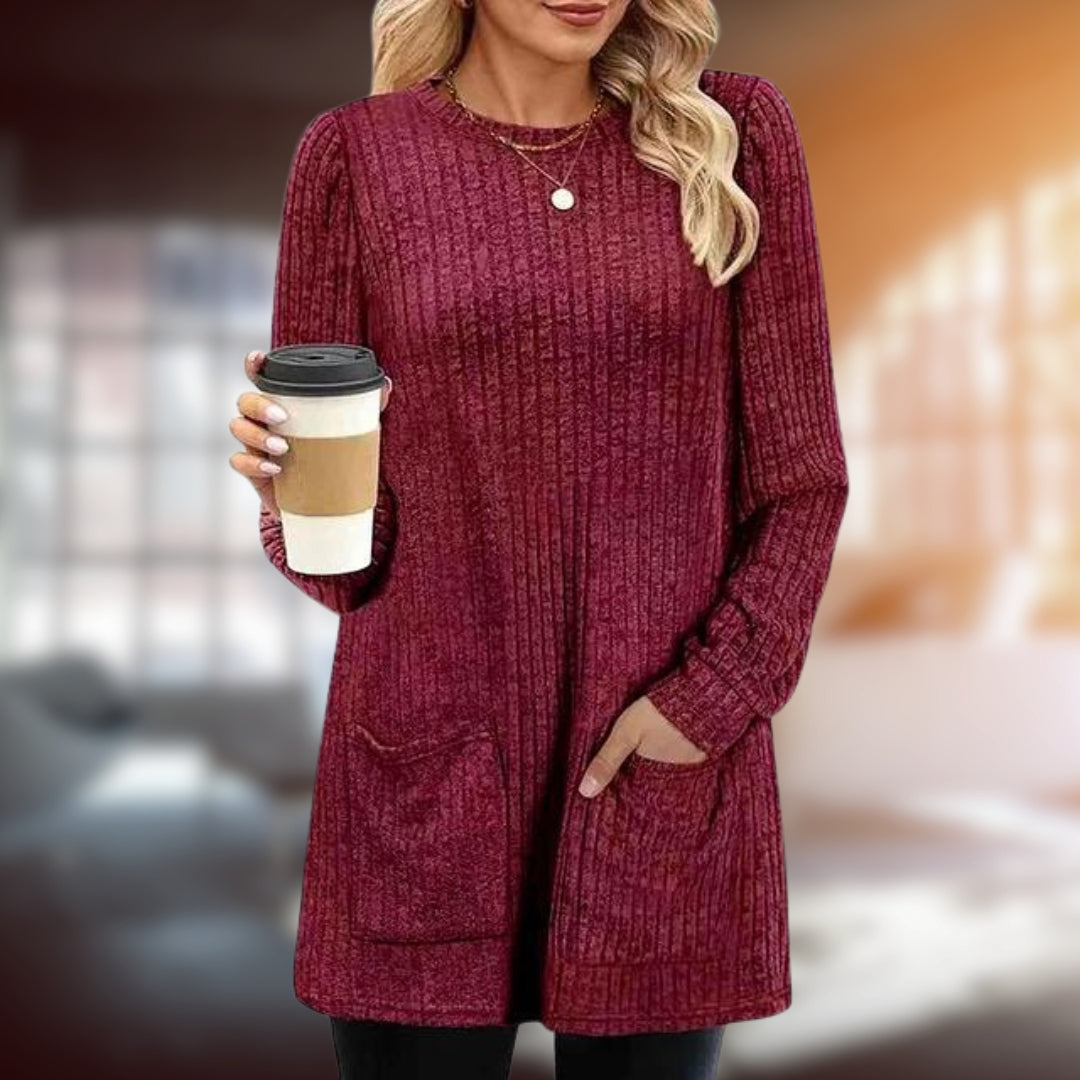 Women's mid-length knit round neck with pockets sweater