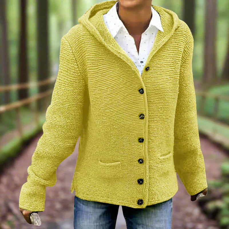 Women’s Hooded Knit Cardigan – Relaxed Fit – Button Front – Patch Pockets – Ribbed Cuffs