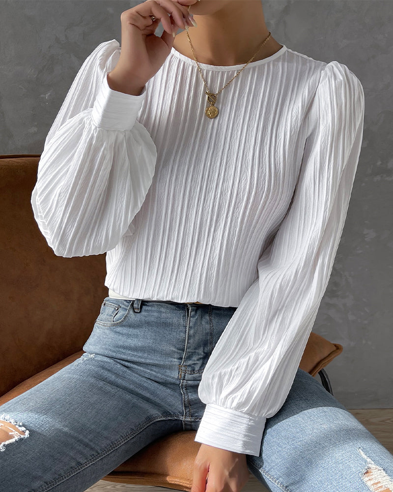 Women's Blouse - Pleated Texture - Balloon Sleeve - Crew Neck Elegant Fit