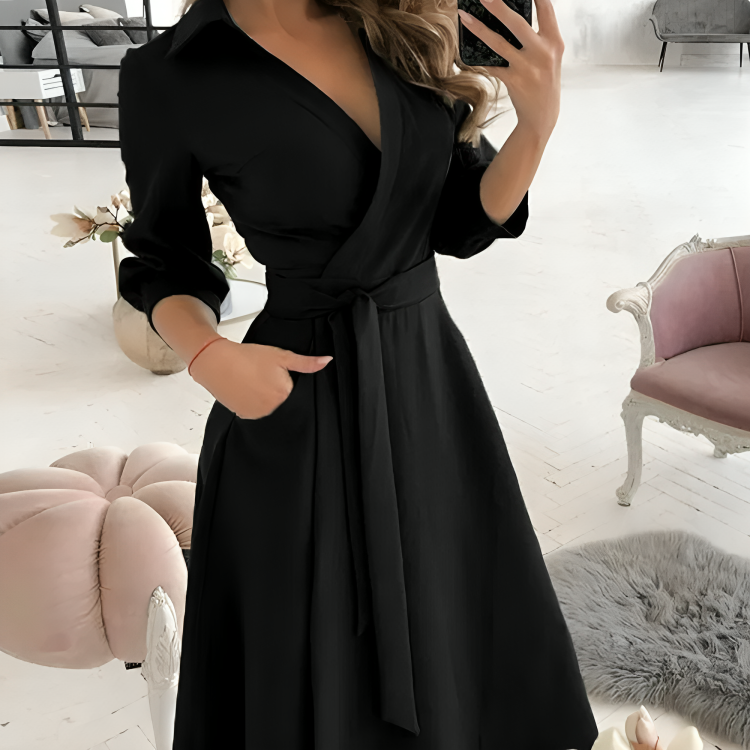 Women's Wrap Dress - V-Neck Adjustable Fit - Long Sleeve with Waist Tie - Elegant & Chic