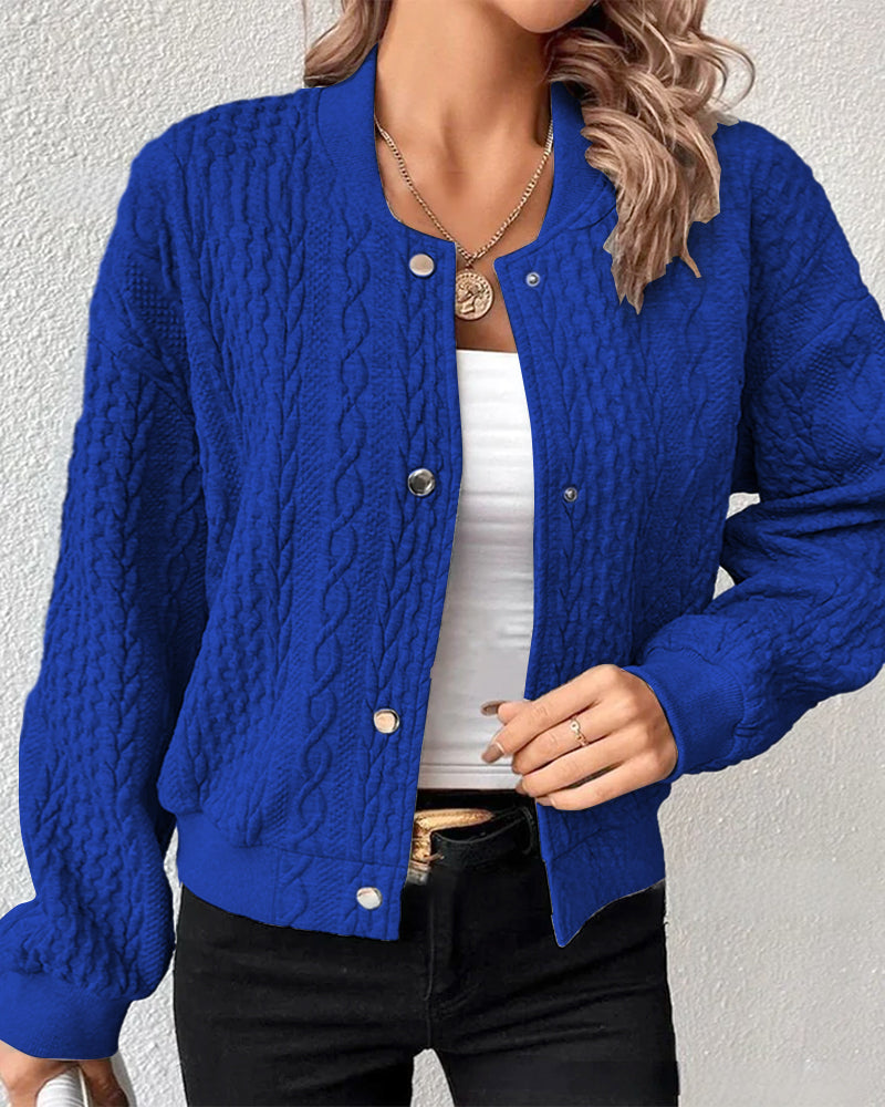 Women's Bomber Jacket - Cable Knit - Snap Button Front - Ribbed Collar & Cuffs