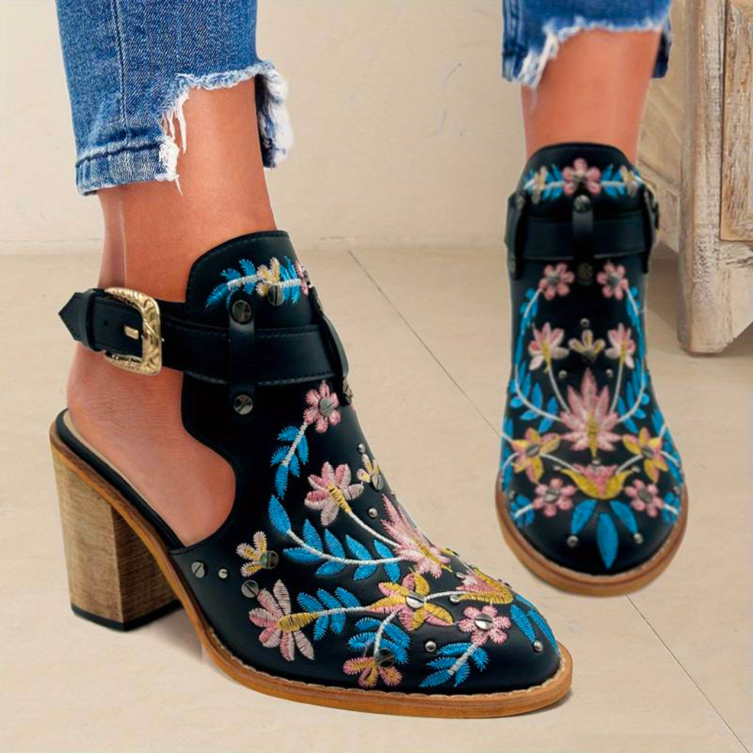 Women's Ankle Boots - Western Style - Embroidered Floral - Stacked Heel - Buckle Strap