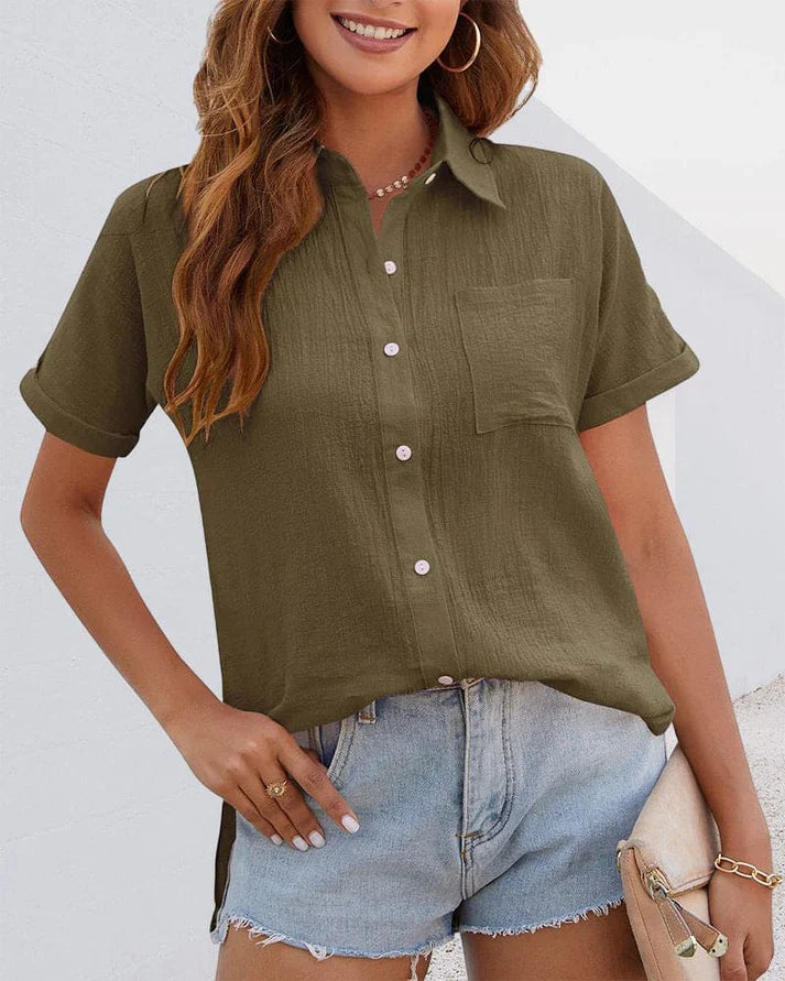 Women's Button-Down Shirt - Short Sleeve Cuffed - Relaxed Fit - Lightweight Casual Wear