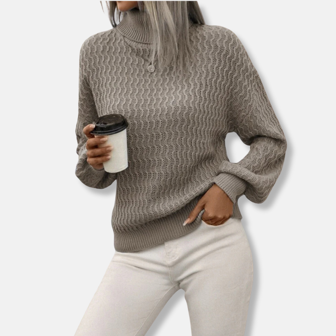 Women’s Sweater - Knit Blend - Turtleneck Collar - Balloon Sleeves
