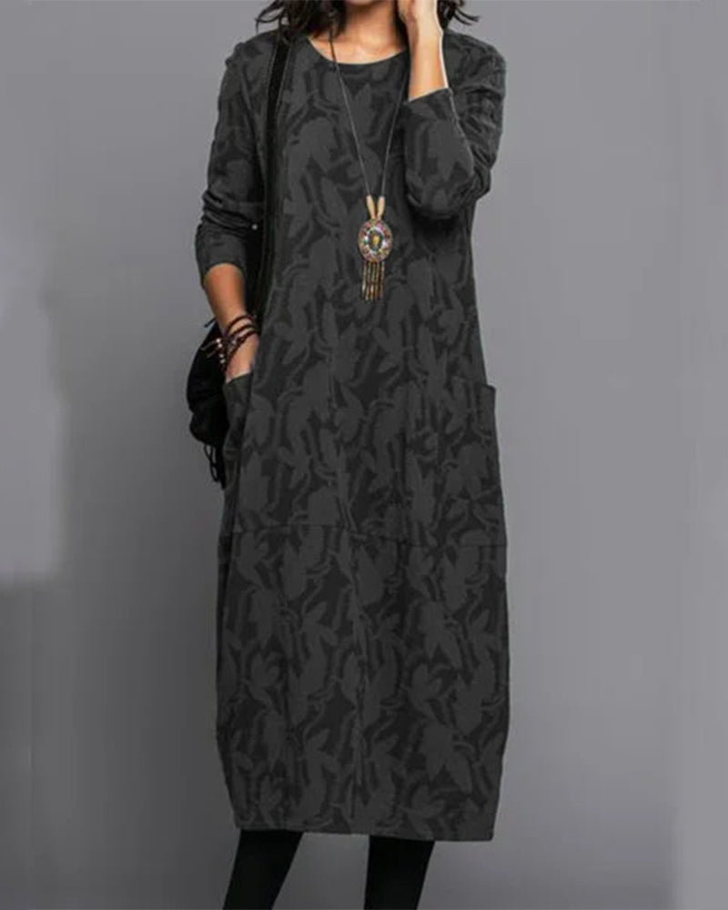 Women's Long-Sleeve Midi Dress - Loose Fit - Round Neck - Casual with Pockets