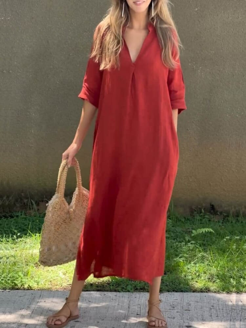 Women’s Maxi Dress – Relaxed Fit – V-Neck – Natural Fibers – Three-Quarter Sleeve