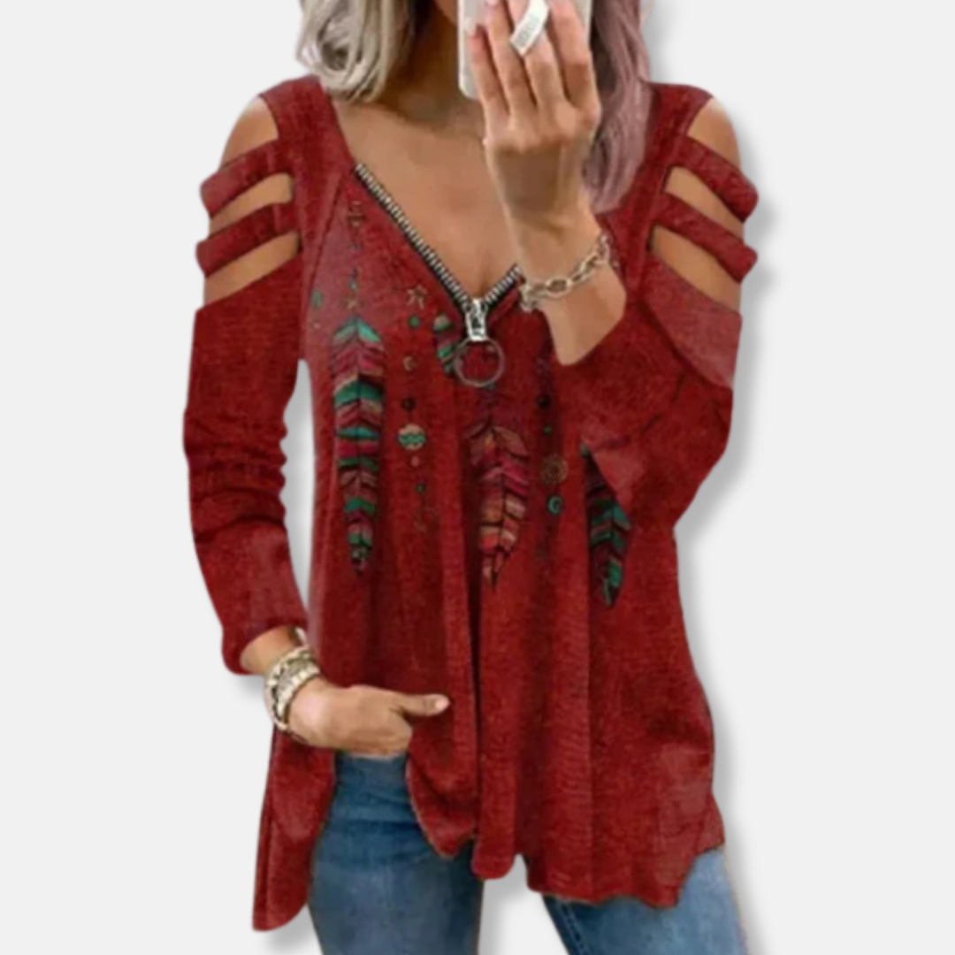 Florence Relaxed Fit Pullover Top | Zipper V-Neck Cold Shoulder Pullover Top