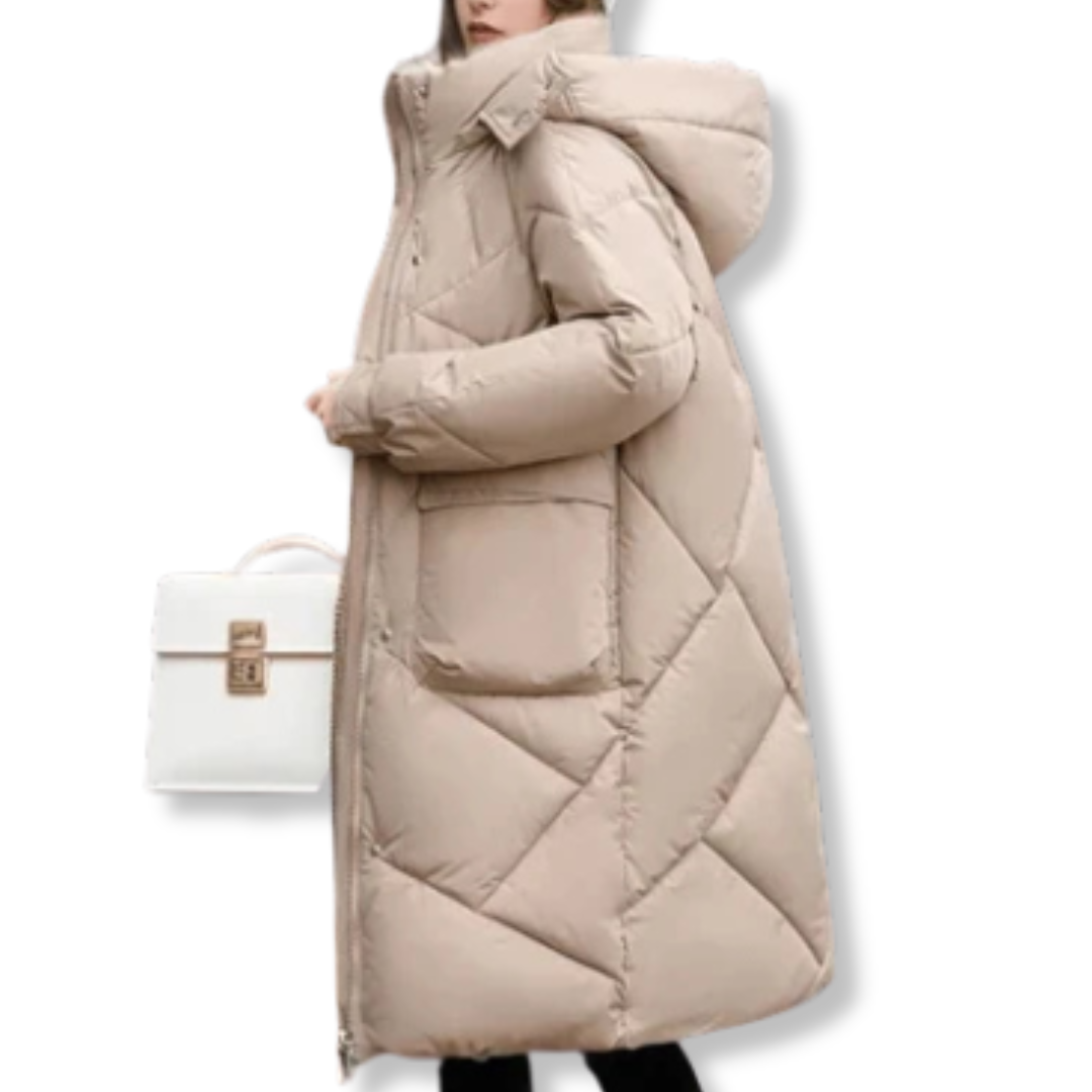 Isla Oversized Quilted Coat | Hooded High Collar Front Pockets Coat