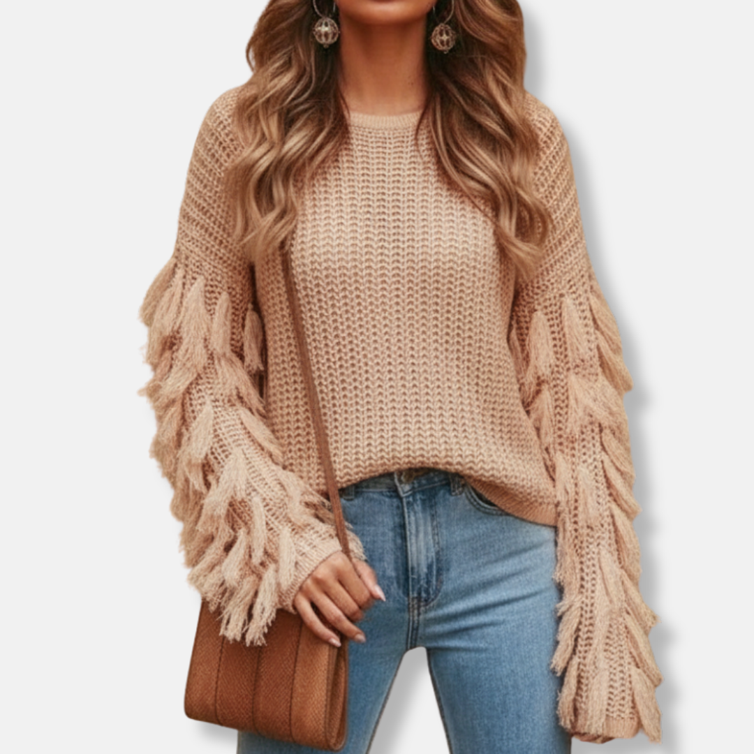 Isla Ribbed Fringe Hip-Length Sweater | Crewneck Relaxed Fit Sweater