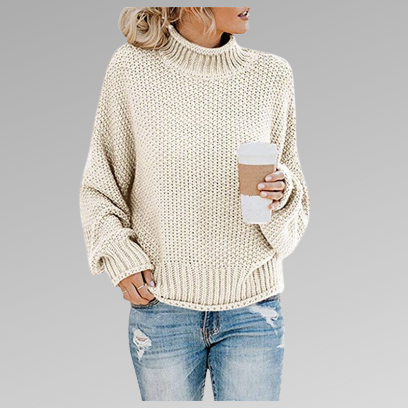 Women's Chunky Knit Sweater - Wool Blend - Oversized Fit - High Turtleneck Warm Pullover