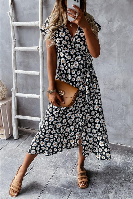 Women's Midi Dress - Floral Print - Short Sleeve - Lightweight Flowy Fit