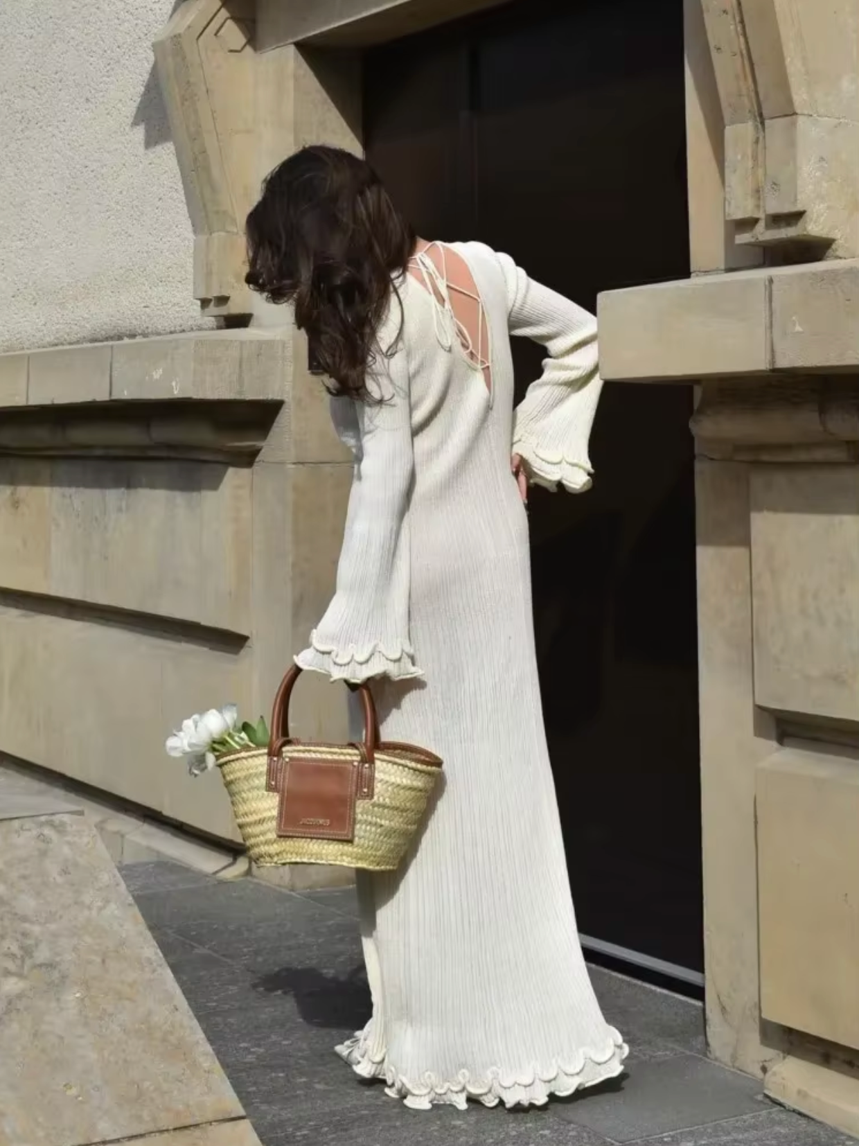 Knitted Maxi Dress for Women with Ruffle Hem