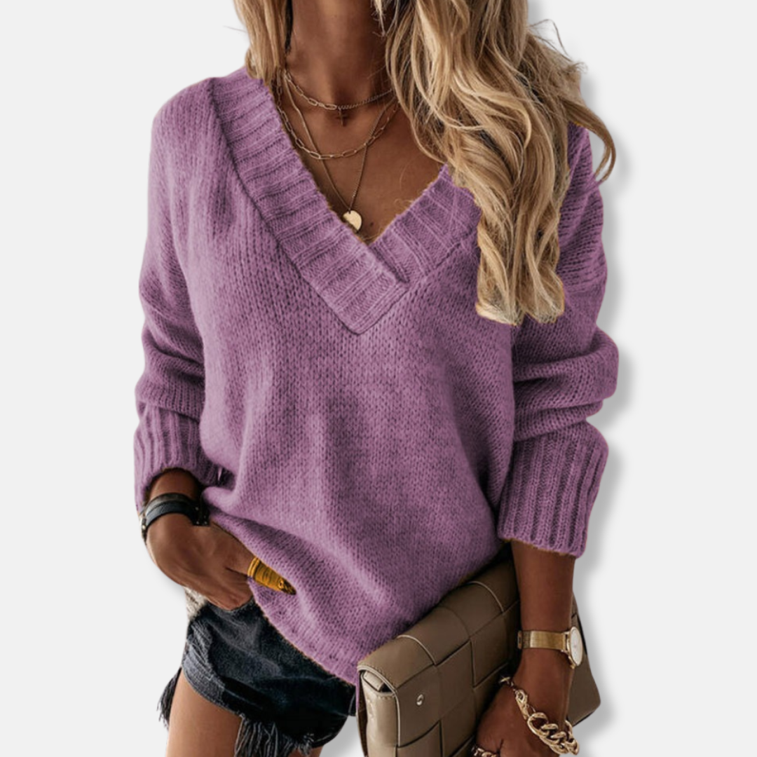Women’s Knit Sweatshirt – Relaxed Fit – Deep V-Neck – Ribbed Trim – Long Sleeve