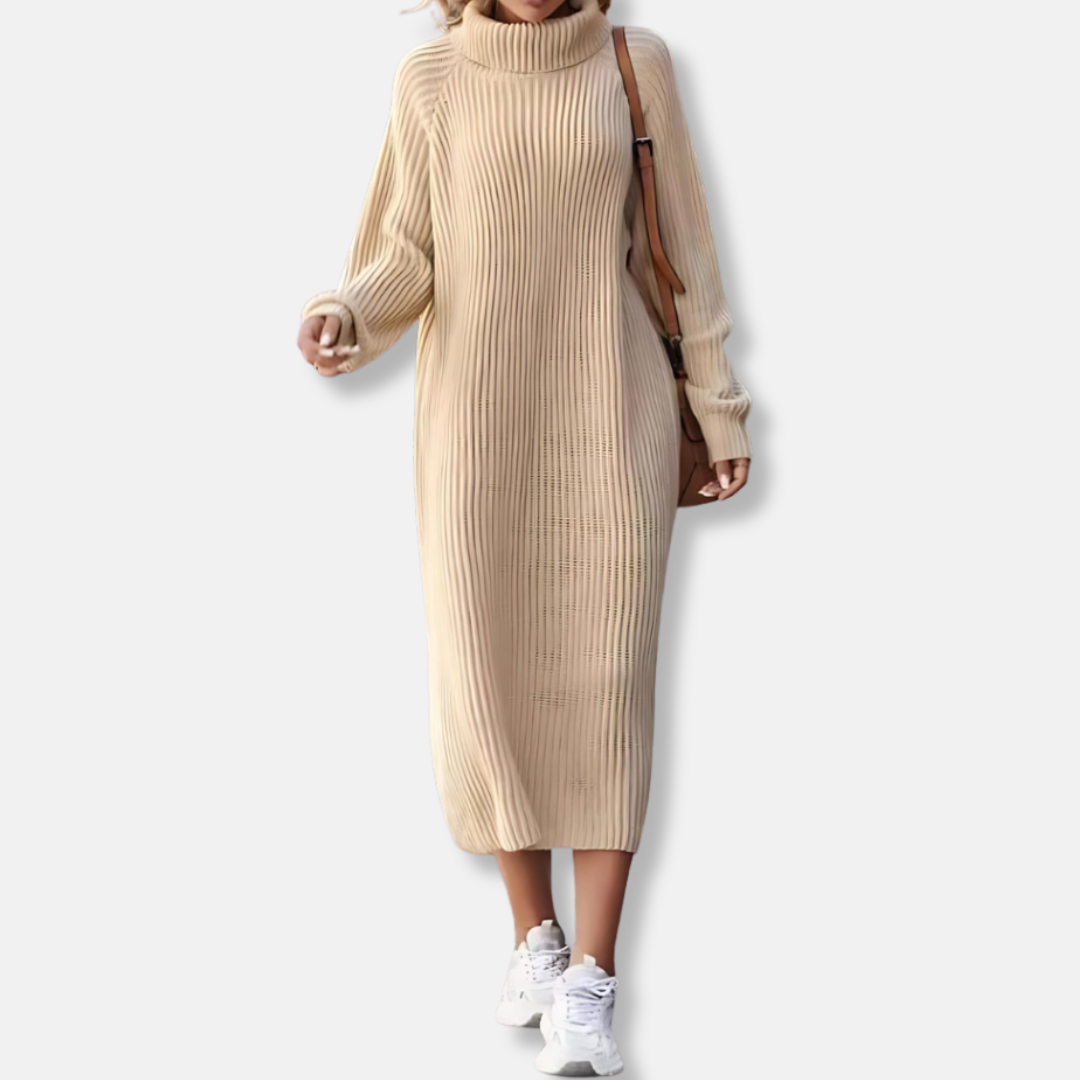Women’s Dress - Knit - Turtleneck - Long Sleeve - Midi Length - Ribbed