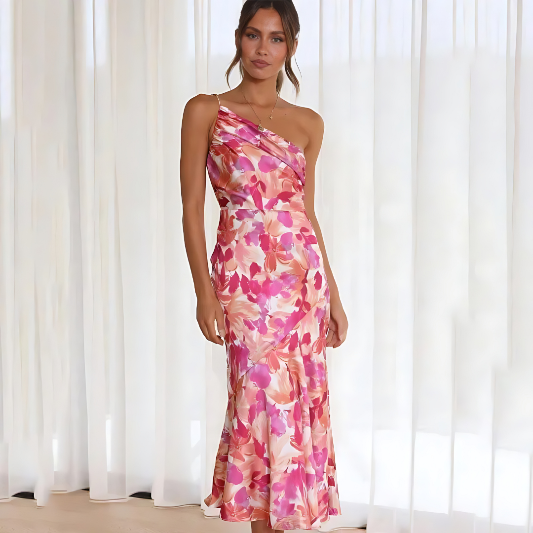 Women's One-Shoulder Dress - Floral Print - Midi Length - Elegant A-Line Fit