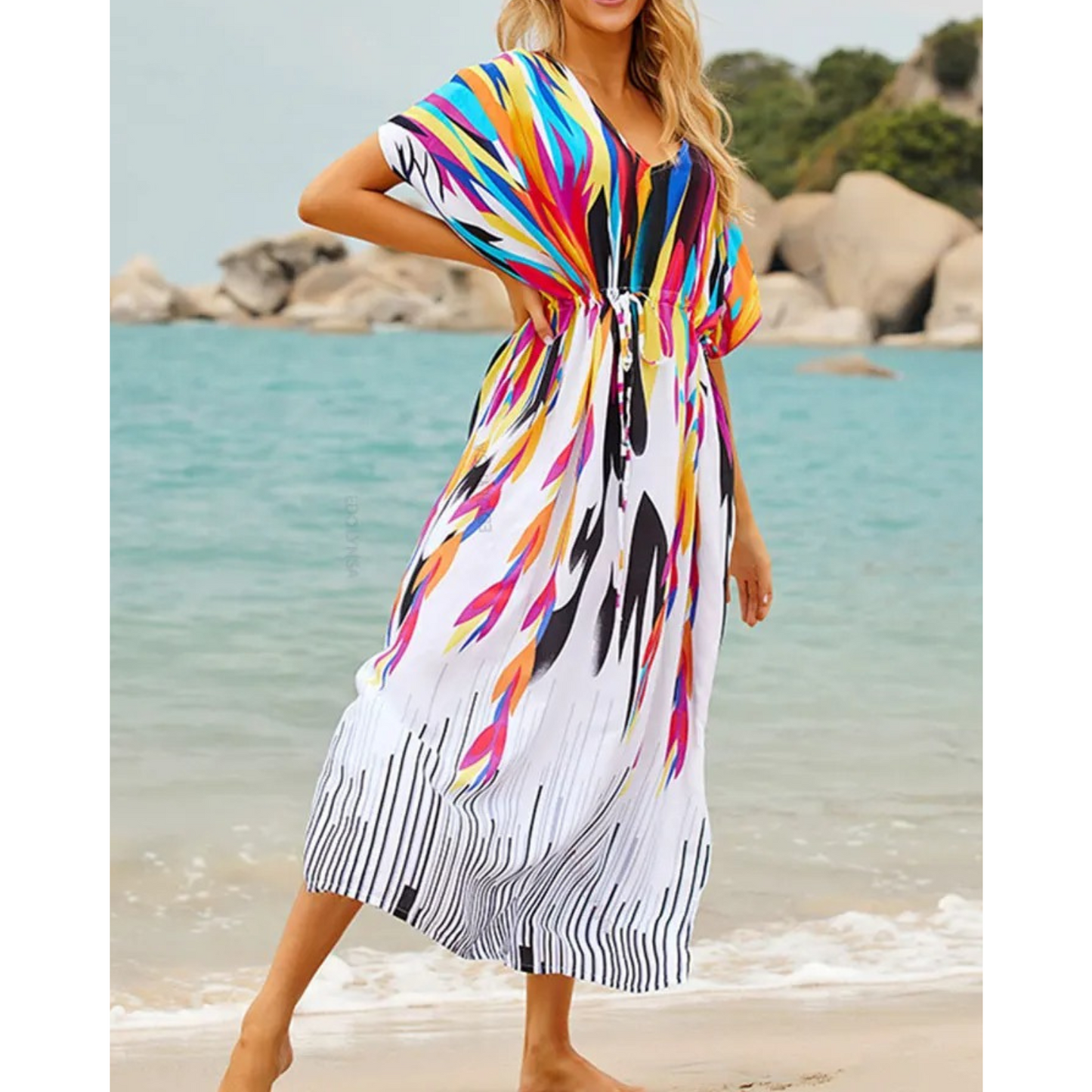 Women's Kaftan - Lightweight Flowy Design - V-Neck Loose Fit Beach Cover-Up