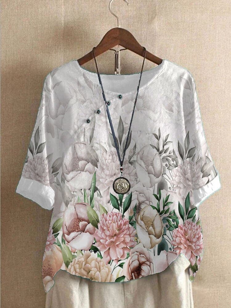 Women’s Blouse – Relaxed Fit – Round Neck – Mid Sleeve – Floral Print – Breathable Blend